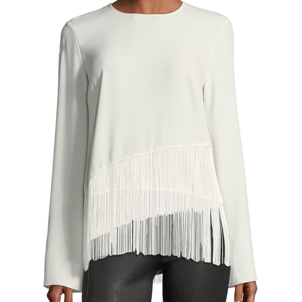 Elizabeth & James Hudson Long Sleeve Crepe Top with Fringe Hem